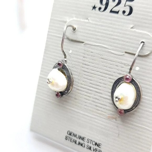 .925 Sterling Silver Pearl Garnet Dangle Vintage Earrings Please Read As Is - Picture 2 of 6